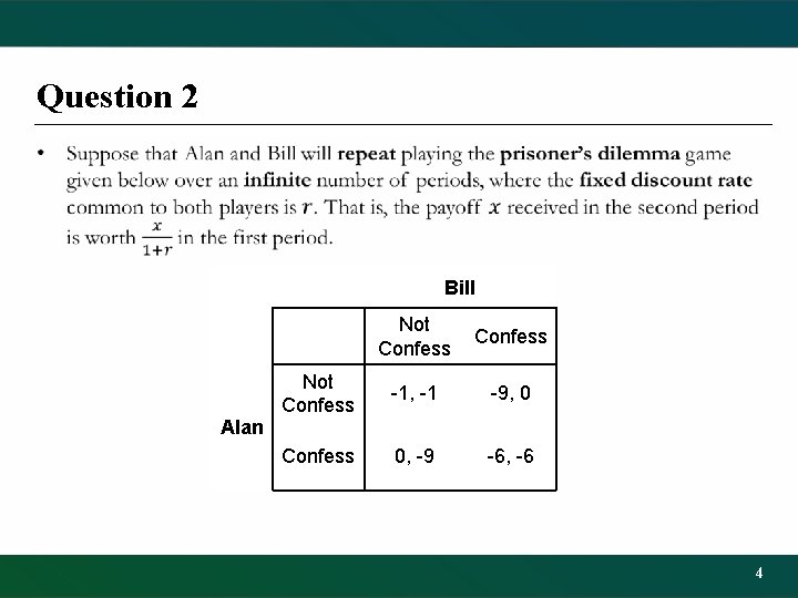 Question 2 • Bill Not Confess -1, -1 -9, 0 Confess 0, -9 -6,