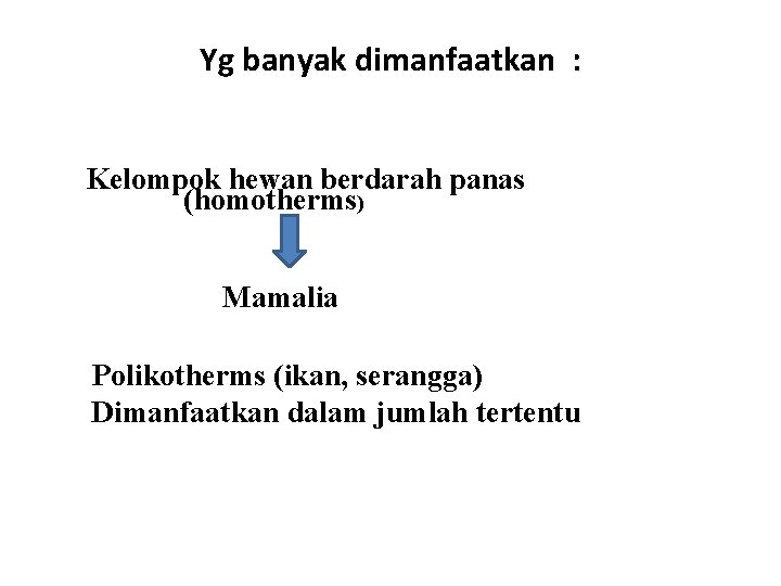 Yg banyak dimanfaatkan : Kelompok hewan berdarah panas (homotherms) Mamalia Polikotherms (ikan, serangga) Dimanfaatkan