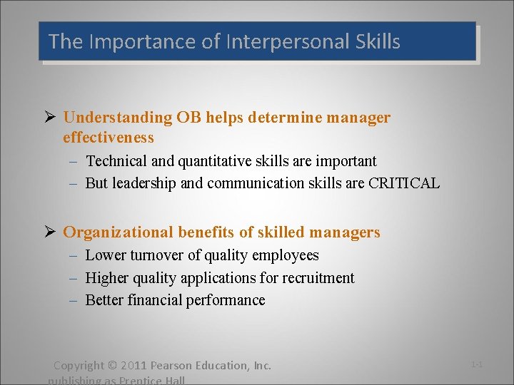 The Importance of Interpersonal Skills Ø Understanding OB helps determine manager effectiveness – Technical The Importance of Interpersonal Skills Ø Understanding OB helps determine manager effectiveness – Technical