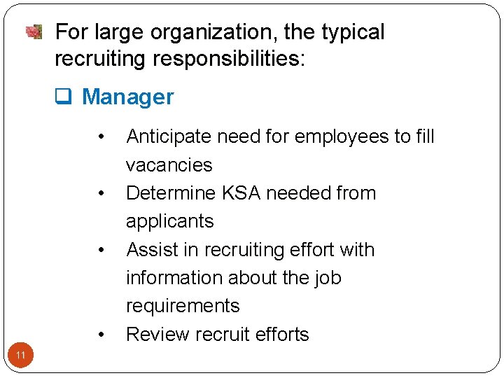 For large organization, the typical recruiting responsibilities: q Manager • • 11 Anticipate need