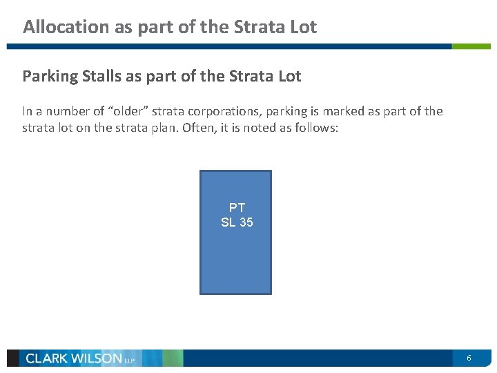 Allocation as part of the Strata Lot Parking Stalls as part of the Strata