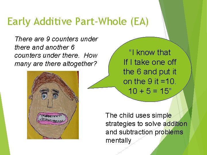 Early Additive Part-Whole (EA) There are 9 counters under there and another 6 counters