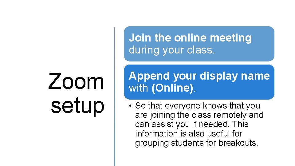 Join the online meeting during your class. Zoom setup Append your display name with