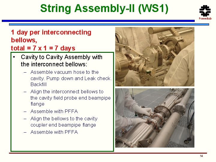 String Assembly-II (WS 1) 1 day per interconnecting bellows, total = 7 x 1