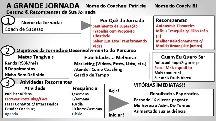 A GRANDE JORNADA Nome do Coachee: Patrícia Destino & Recompensas da Sua Jornada 1