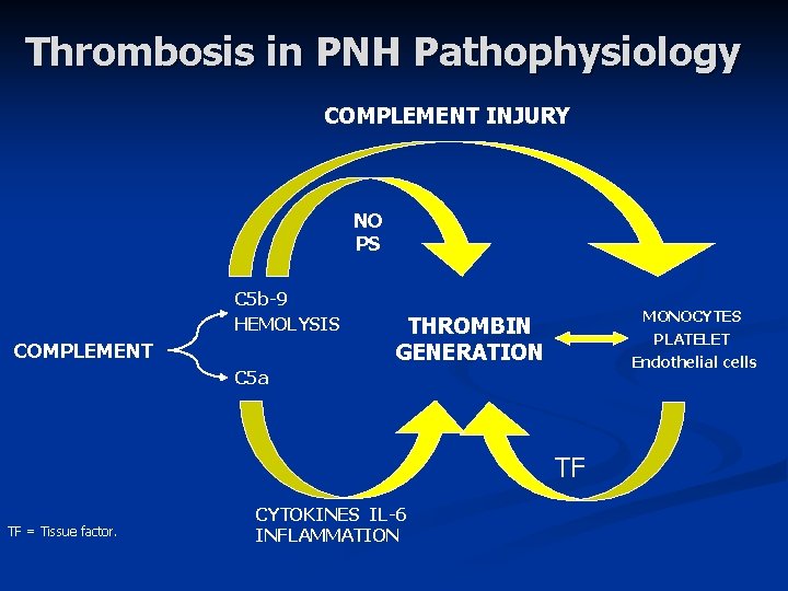 Thrombosis in PNH Pathophysiology COMPLEMENT INJURY NO PS C 5 b-9 HEMOLYSIS COMPLEMENT MONOCYTES