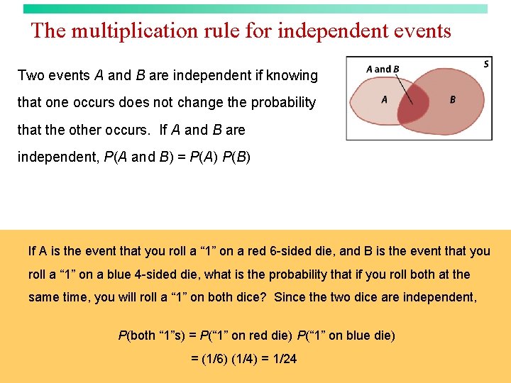 The multiplication rule for independent events Two events A and B are independent if The multiplication rule for independent events Two events A and B are independent if
