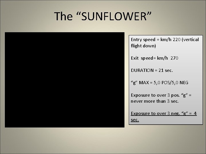 The “SUNFLOWER” Entry speed = km/h 220 (vertical flight down) Exit speed= km/h 270