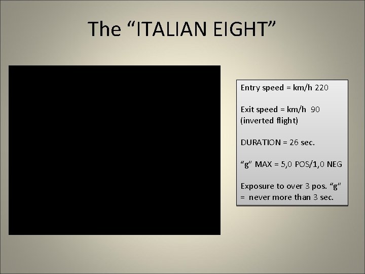 The “ITALIAN EIGHT” Entry speed = km/h 220 Exit speed = km/h 90 (inverted