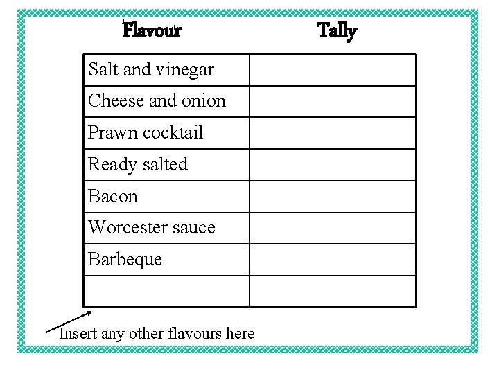 Flavour Salt and vinegar Cheese and onion Prawn cocktail Ready salted Bacon Worcester sauce