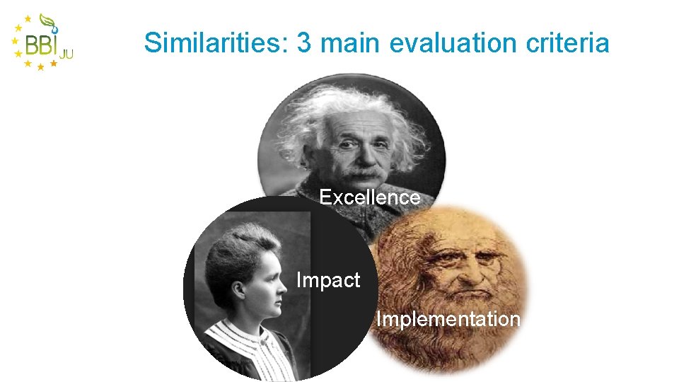 Similarities: 3 main evaluation criteria Excellence Impact Implementation 