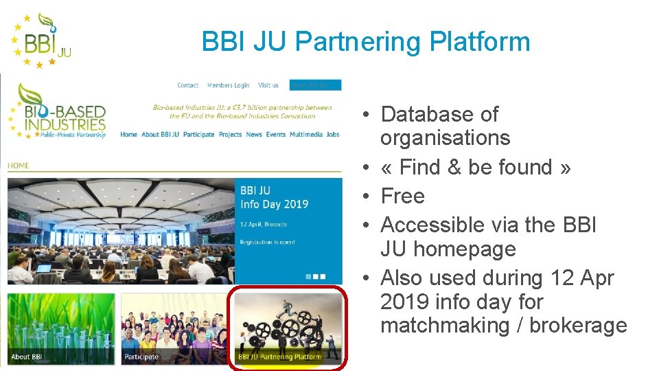 BBI JU Partnering Platform • Database of organisations • « Find & be found