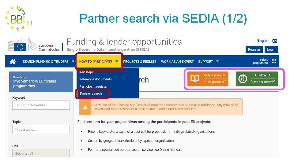 Partner search via SEDIA (1/2) 