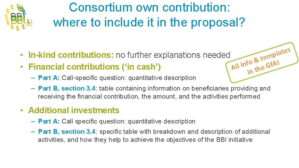 Consortium own contribution: where to include it in the proposal? es t a l