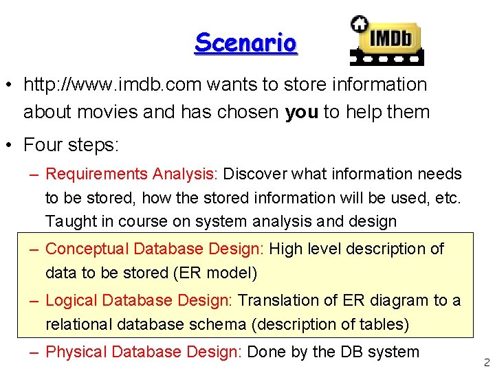 Scenario • http: //www. imdb. com wants to store information about movies and has