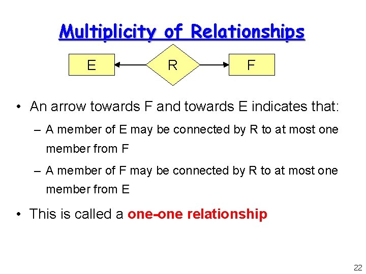 Multiplicity of Relationships E R F • An arrow towards F and towards E