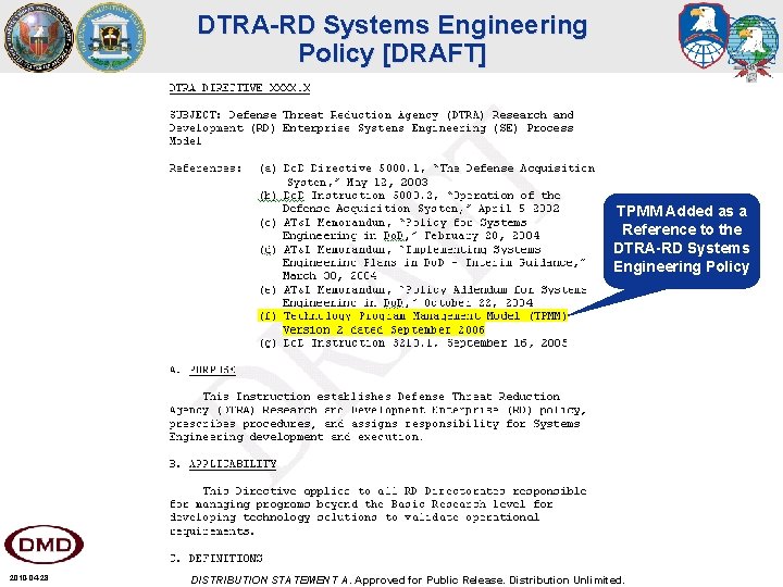 DTRA-RD Systems Engineering Policy [DRAFT] TPMM Added as a Reference to the DTRA-RD Systems