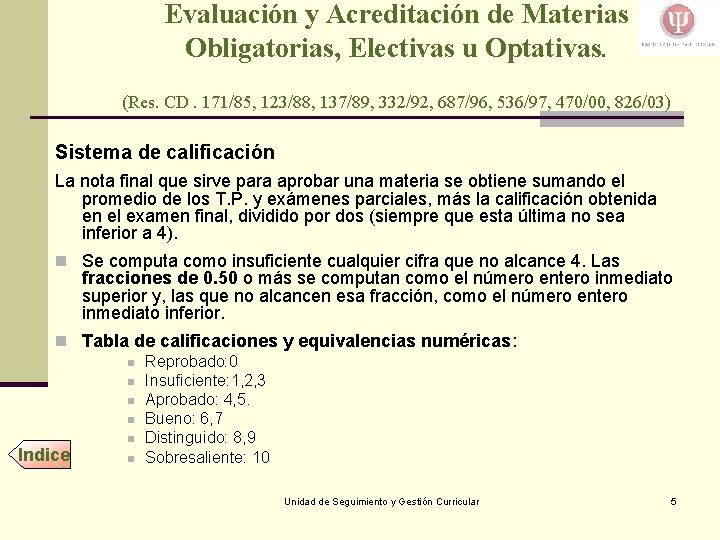 Evaluación y Acreditación de Materias Obligatorias, Electivas u Optativas. (Res. CD. 171/85, 123/88, 137/89,