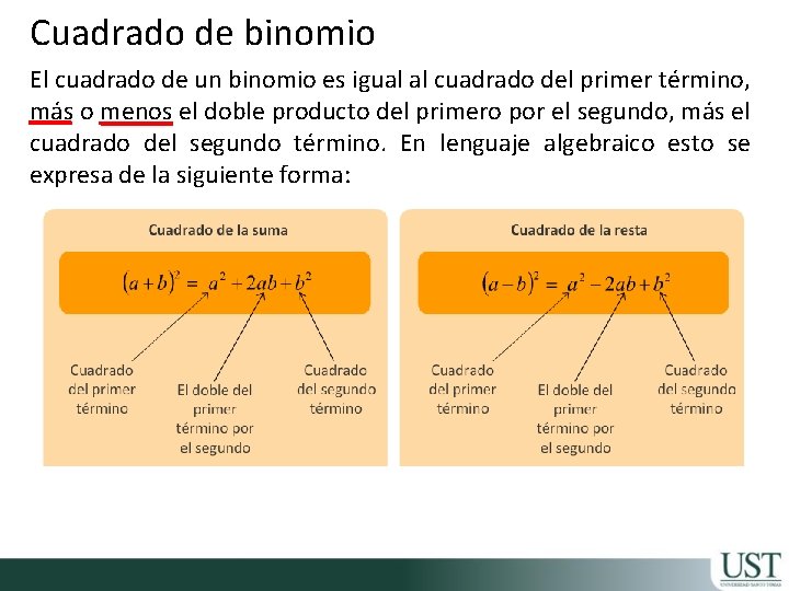 Cuadrado de binomio El cuadrado de un binomio es igual al cuadrado del primer