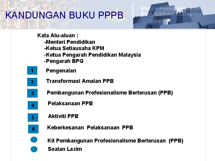 KANDUNGAN BUKU PPPB Kata Alu-aluan : -Menteri Pendidikan -Ketua Setiausaha KPM -Ketua Pengarah Pendidikan