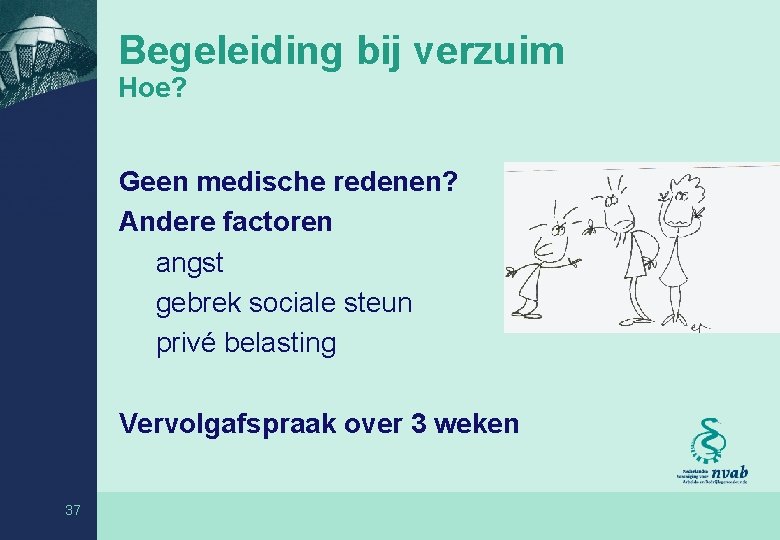 Begeleiding bij verzuim Hoe? Geen medische redenen? Andere factoren angst gebrek sociale steun privé