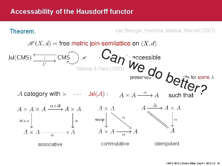 Accessability of the Hausdorff functor van Breugel, Hermida, Makkai, Worrell (2007) Theorem. Makkai &