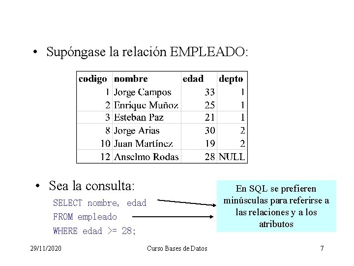  • Supóngase la relación EMPLEADO: • Sea la consulta: En SQL se prefieren