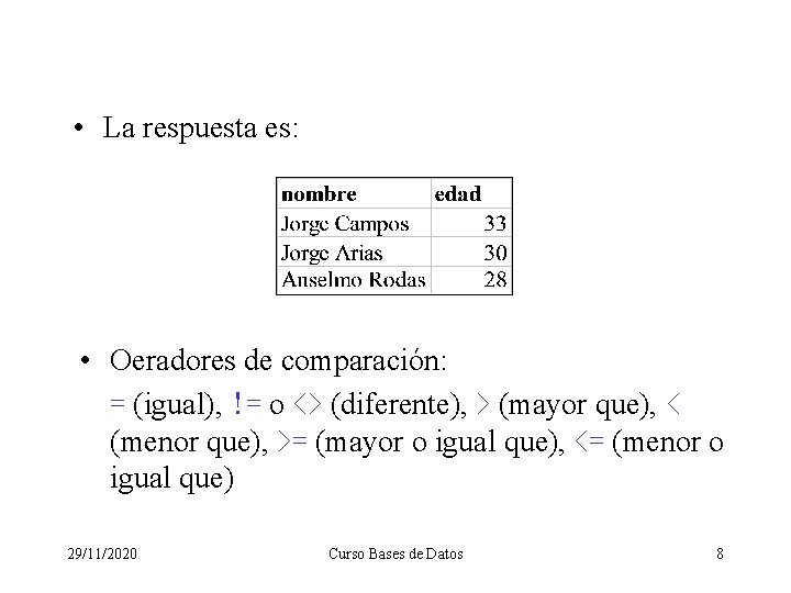  • La respuesta es: • Oeradores de comparación: = (igual), != o <>