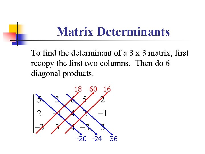 Matrix Determinants To find the determinant of a 3 x 3 matrix, first recopy