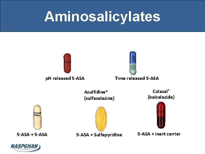 Aminosalicylates Pentasa® (mesalamine) Asacol® (mesalamine) p. H released 5 -ASA Time released 5 -ASA
