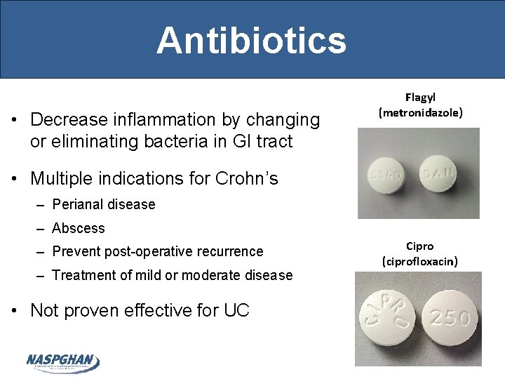 Antibiotics • Decrease inflammation by changing or eliminating bacteria in GI tract Flagyl (metronidazole)