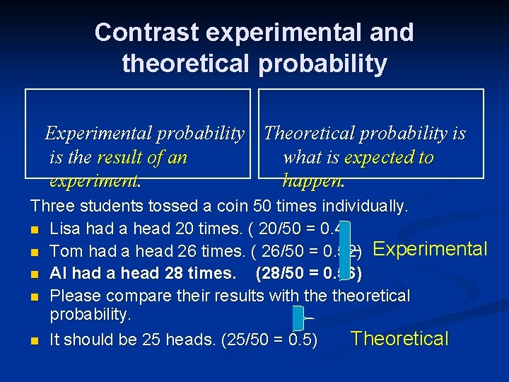 Contrast experimental and theoretical probability Experimental probability Theoretical probability is is the result of Contrast experimental and theoretical probability Experimental probability Theoretical probability is is the result of