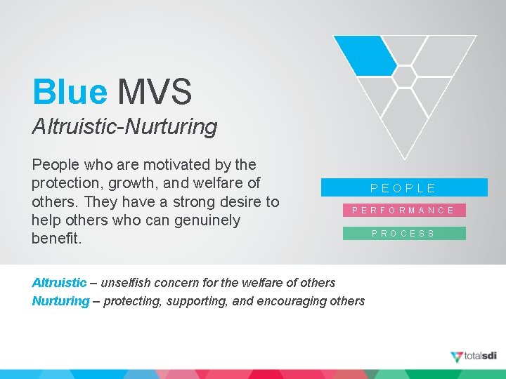 Blue MVS Altruistic-Nurturing People who are motivated by the protection, growth, and welfare of