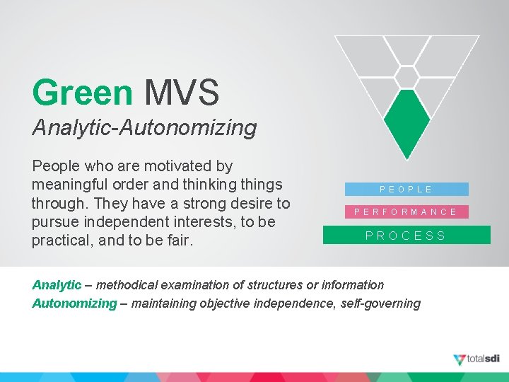 Green MVS Analytic-Autonomizing People who are motivated by meaningful order and thinking things through.