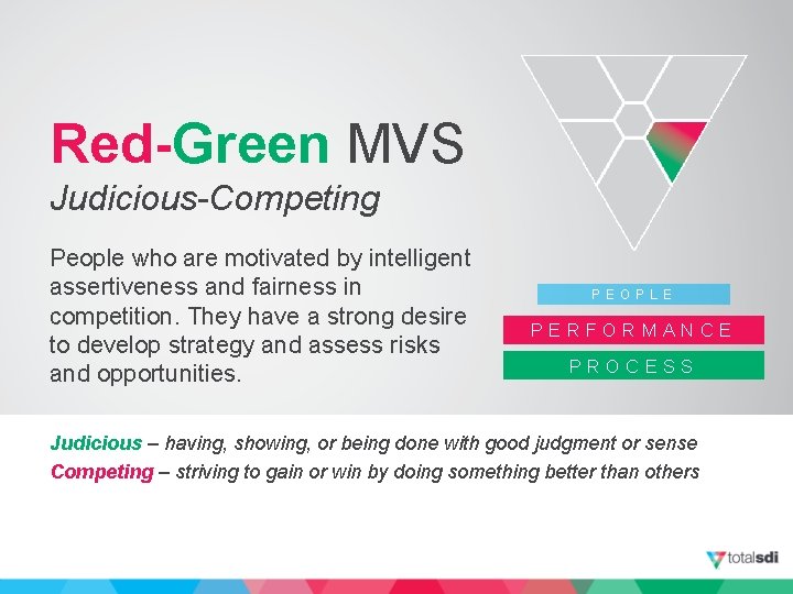 Red-Green MVS Judicious-Competing People who are motivated by intelligent assertiveness and fairness in competition.