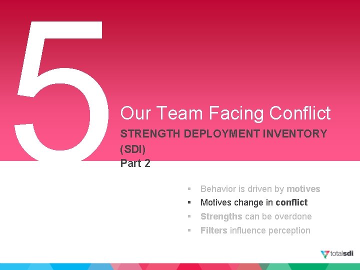 5 Our Team Facing Conflict STRENGTH DEPLOYMENT INVENTORY (SDI) Part 2 § § Behavior