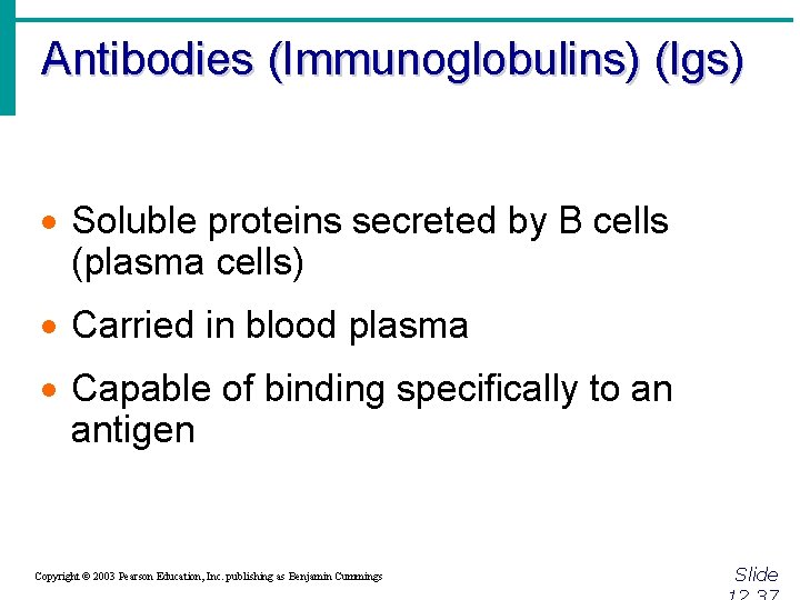 Antibodies (Immunoglobulins) (Igs) · Soluble proteins secreted by B cells (plasma cells) · Carried