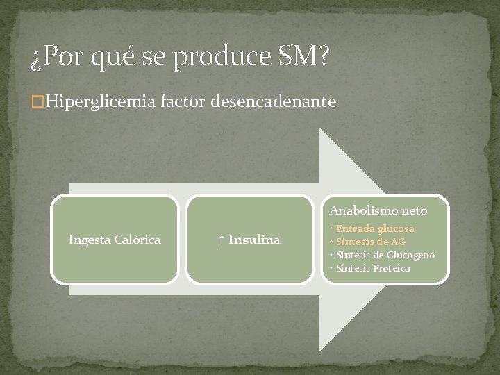 ¿Por qué se produce SM? �Hiperglicemia factor desencadenante Anabolismo neto Ingesta Calórica ↑ Insulina