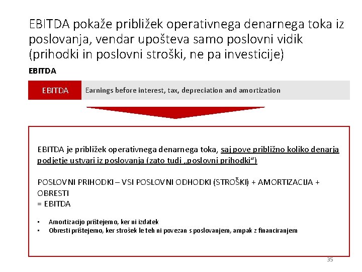 EBITDA pokaže približek operativnega denarnega toka iz poslovanja, vendar upošteva samo poslovni vidik (prihodki