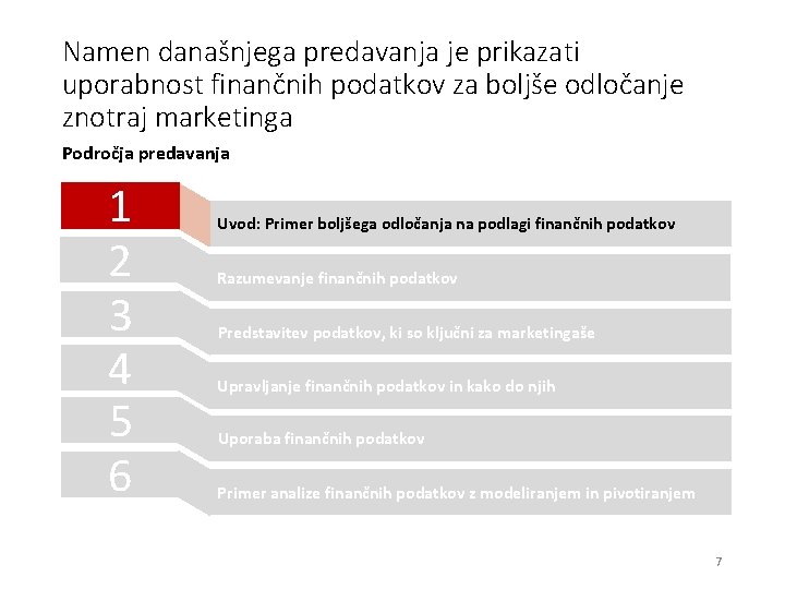 Namen današnjega predavanja je prikazati uporabnost finančnih podatkov za boljše odločanje znotraj marketinga Področja