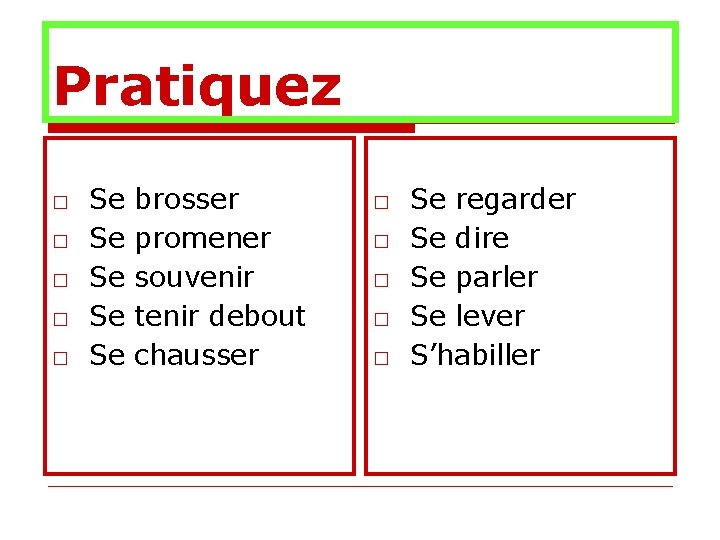 Pratiquez □ □ □ Se brosser Se promener Se souvenir Se tenir debout Se