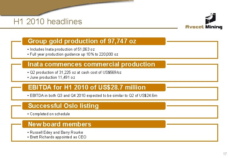 H 1 2010 headlines Group gold production of 97, 747 oz • Includes Inata