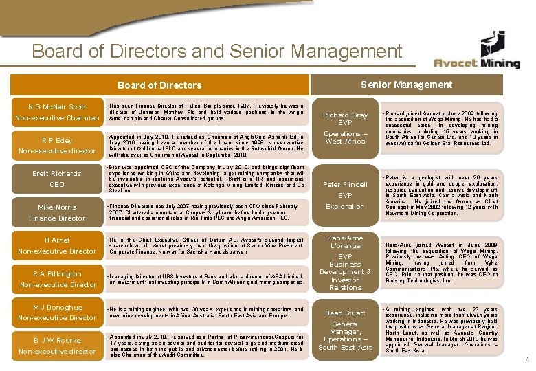 Board of Directors and Senior Management Board of Directors • Has been Finance Director