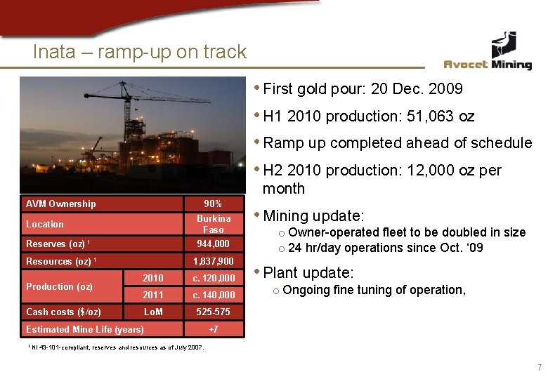 Inata – ramp-up on track • First gold pour: 20 Dec. 2009 • H