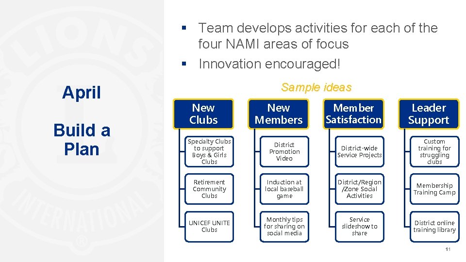 § Team develops activities for each of the four NAMI areas of focus §
