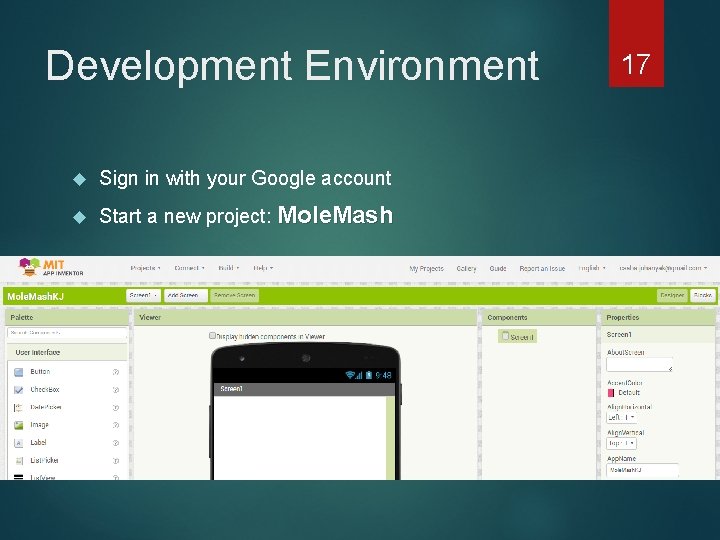 Development Environment Sign in with your Google account Start a new project: Mole. Mash