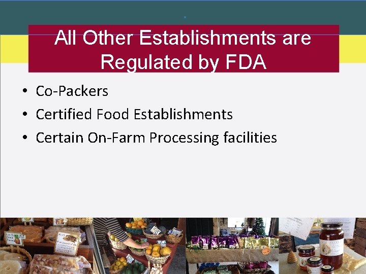 All Other Establishments are Regulated by FDA • Co-Packers • Certified Food Establishments • All Other Establishments are Regulated by FDA • Co-Packers • Certified Food Establishments •