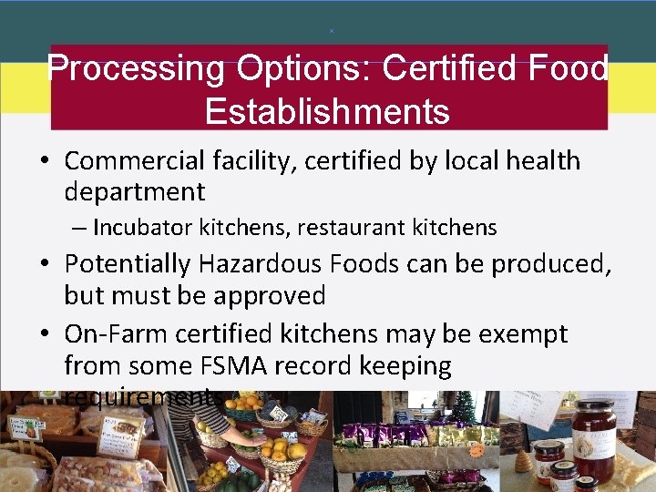 Processing Options: Certified Food Establishments • Commercial facility, certified by local health department – Processing Options: Certified Food Establishments • Commercial facility, certified by local health department –
