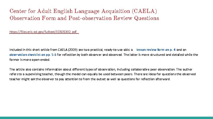 Center for Adult English Language Acquisition (CAELA) Observation Form and Post-observation Review Questions https: