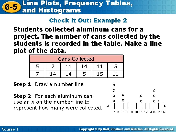 Line Plots, Frequency Tables, 6 -5 and Histograms Check It Out: Example 2 Students